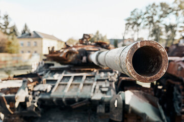 Destroyed tank t 72 in the war of russia against ukraine front view