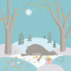 Cute winter landscape with bear. Winter banner. Winter walk. A bear sleep in the winter. Winer time. Happy New Year and Merry Christmas 