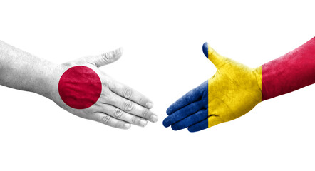 Handshake between Chad and Japan flags painted on hands, isolated transparent image.