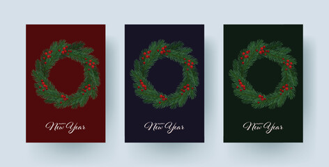 three christmass wreaths with happy new year text. Winter holidays, snowflakes, Santa Claus, New Year, Santa, chimes, gift, present, holiday, Winter, bow. Celebrate concept