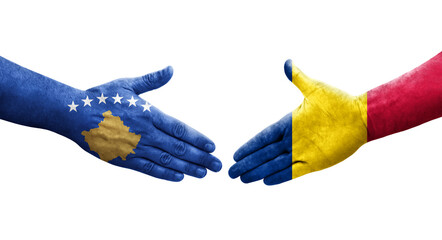 Handshake between Chad and Kosovo flags painted on hands, isolated transparent image.