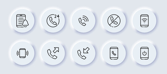 Business contacts set icon. Phone, notification, message, bell, 24 7, strikethrough phone, wifi, outgoing call, incoming, power button. Communication concept. Neomorphism style. Vector line icon
