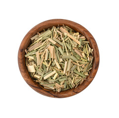 Dried lemongrass tea in wooden bowl