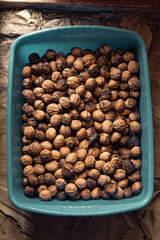 Walnuts drying in the blue bowl.