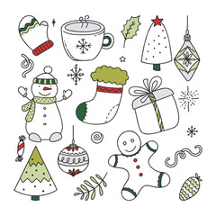 Set Christmas elements vector Illustration Doodle isolated on white Background Christmas Concept