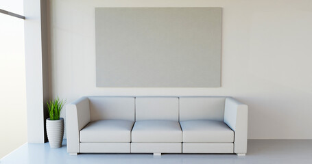 Couch in living room with an panel hanging on the wall, all-white style, 3D illustration rendering