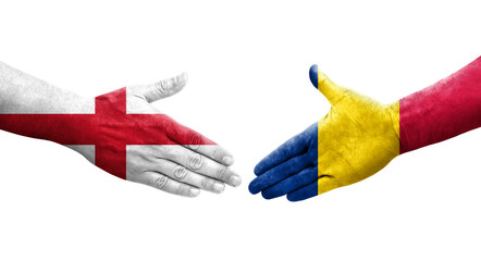 Handshake between Chad and England flags painted on hands, isolated transparent image.