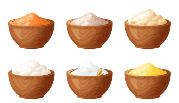 Flour In Wooden Bowl. Set Of Gluten Free Powder In Organic Product. Healthy Organic Food. Vector Illustration Isolated On White Background