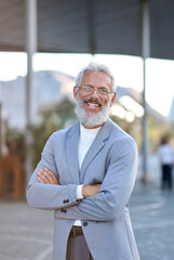 Confident happy mature older successful business man leader, smiling middle aged senior old professional businessman ceo wearing suit crossed arm looking at camera standing outside, vertical portrait.