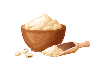 Soy flour in wooden bowl with seeds. Healthy gluten free food. Powde in organic product. Vector illustration isolated on white background