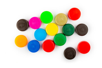 Сolorful plastic caps on white background, recycle for environment concept. Separate waste sorting. Space for text.