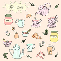 Tea time doodle set, kettles, cups, sweets and tea leaves, flat style vector