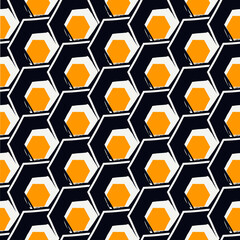 Paint brush hexagons. Hand drawn honeycombs background. Hexahedrons wallpaper. Hives motif. Geometric backdrop. Ethnic digital paper. Web designing. Textile print. Seamless pattern