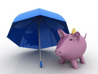 3d rendering Pig Coin bank protection umbrella