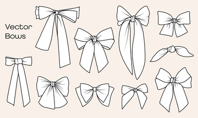 Collection of vector graphical decorative bows. Bundle of hand drawn isolated holiday gift ribbons. 