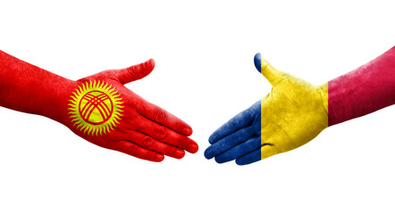 Handshake between Chad and Kyrgyzstan flags painted on hands, isolated transparent image.