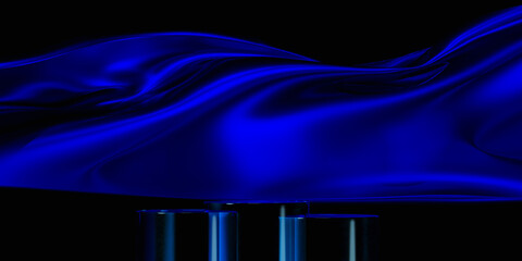 podium on blue fabric flying wave. Luxury background for branding and product presentation. 3d...