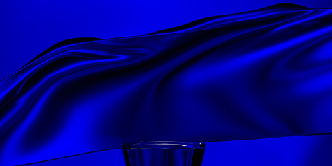 podium on blue fabric flying wave. Luxury background for branding and product presentation. 3d rendering illustration.