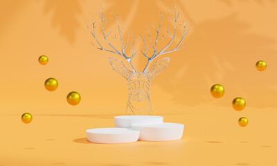 Christmas podium for branding and packaging presentation. Product display with gift boxes, Christmas showcase. Cosmetic and fashion. 3d rendering.