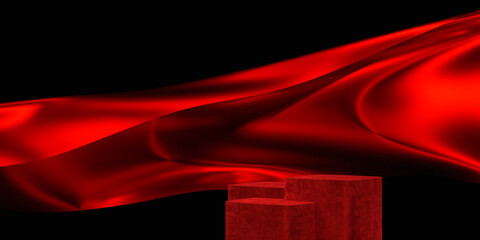 Red color podium on redfabric flying wave. Luxury background for branding and product presentation. 3d rendering illustration.