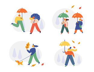 Autumn season. Fall, rain. People silhouette with umbrella flat vector