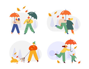 Autumn season. Fall, rain. People silhouette with umbrella flat vector