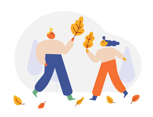 Autumn season. Fall, rain. People silhouette with umbrella flat vector