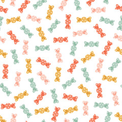 Seamless vector pattern with bunch of candies. Cute hand drawn colorful sweets. Fun doodle background for packaging, wrapping paper, banner, print, card, gift, fabric, textile, wallpaper.