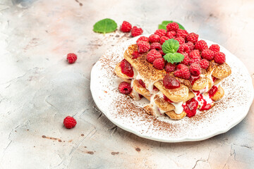 Berries Tiramisu Dessert with Raspberry and Mint. Traditional italian dessert on a light background