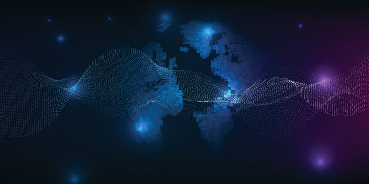 Vector illustration of the digital globes with wave dots connected wireframe.Digital data communication innovation and technology concepts.Futuristic digital technology backgrounds.