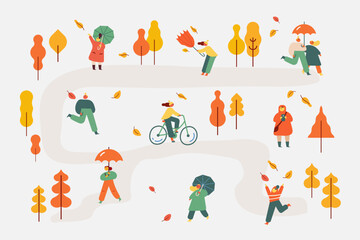 Fototapeta premium Autumn park. People silhouette with umbrellas flat vector illustration