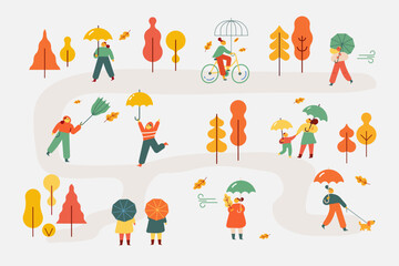 Autumn park. People silhouette with umbrellas flat vector illustration