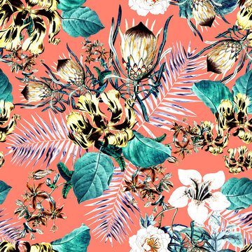 Seamless hand drawn tropical vector pattern with bright hibiscus flowers and exotic palm leaves on orange background.