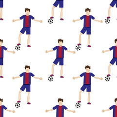 Seamless vector background with soccer players with football ball on white backdrop. Print for wallpaper children room.