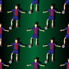 Seamless vector background with soccer players with football ball on green backdrop with shadow. Print for wallpaper children room.