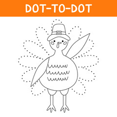 Connect the dots and draw cute pilgrim turkey. Bird animal character wearing a pilgrims hat. Educational game for kids.
