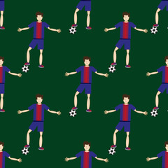 Fototapeta premium Seamless vector background with soccer players with football ball on green backdrop. Print for wallpaper children room.