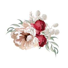 .Elegant bouquet with peonies, roses and eucalyptus leaves. Illustration