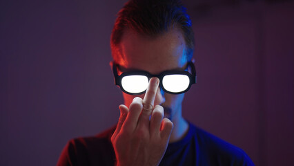 Man portrait fix glowing glasses with middle finger anime style protagonist villain
