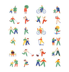 City people. Crowd. Cute people walking outdoor flat vector set