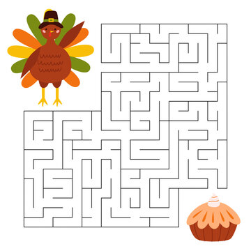 Maze game for children. Cute pilgrim turkey looking for a way to the pumpkin pie. Bird animal character wearing a pilgrims hat. Printable worksheet.