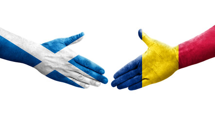 Handshake between Chad and Scotland flags painted on hands, isolated transparent image.