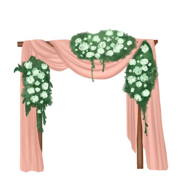Garland of white roses and pink drapery decorated arch for wedding altar. Hand drawn watercolor wedding elegant arch.