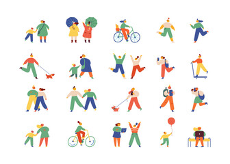 City people. Crowd. Cute people walking outdoor flat vector set