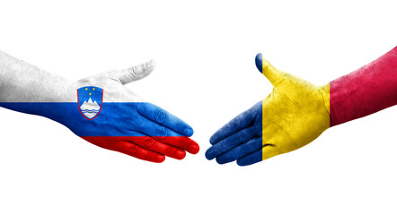 Handshake between Chad and Slovenia flags painted on hands, isolated transparent image.