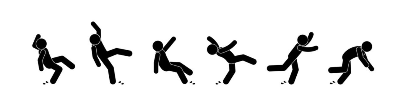 slippery floor illustration, man slipped, warning sign fall, be careful, icons set