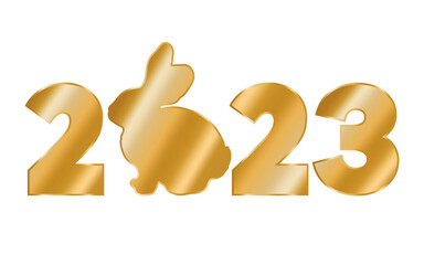 Golden logo 2023 with rabbit. Vector illustration. 3d picture.