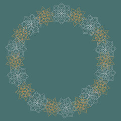 Round winter frame with snowflakes on the green background.