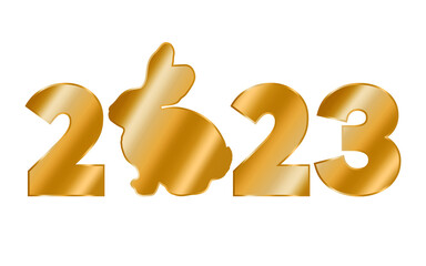 Golden logo 2023 with rabbit illustration. 3d picture. PNG file on a transparent background.