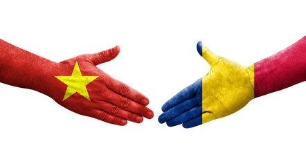 Handshake between Chad and Vietnam flags painted on hands, isolated transparent image.